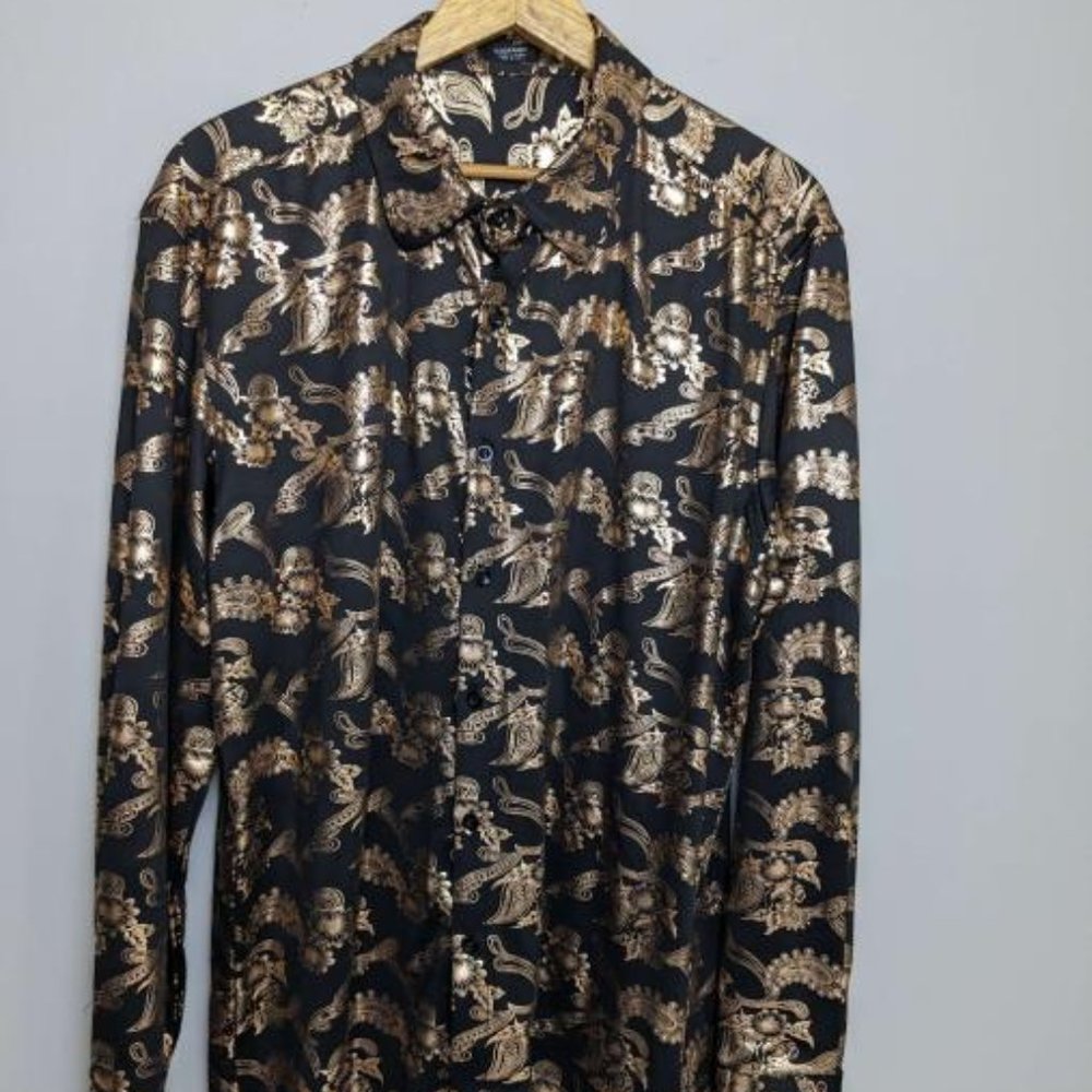 CooFandy Men's Size L Gold Black Paisley Long Sleeve Button Down Dress Shirt